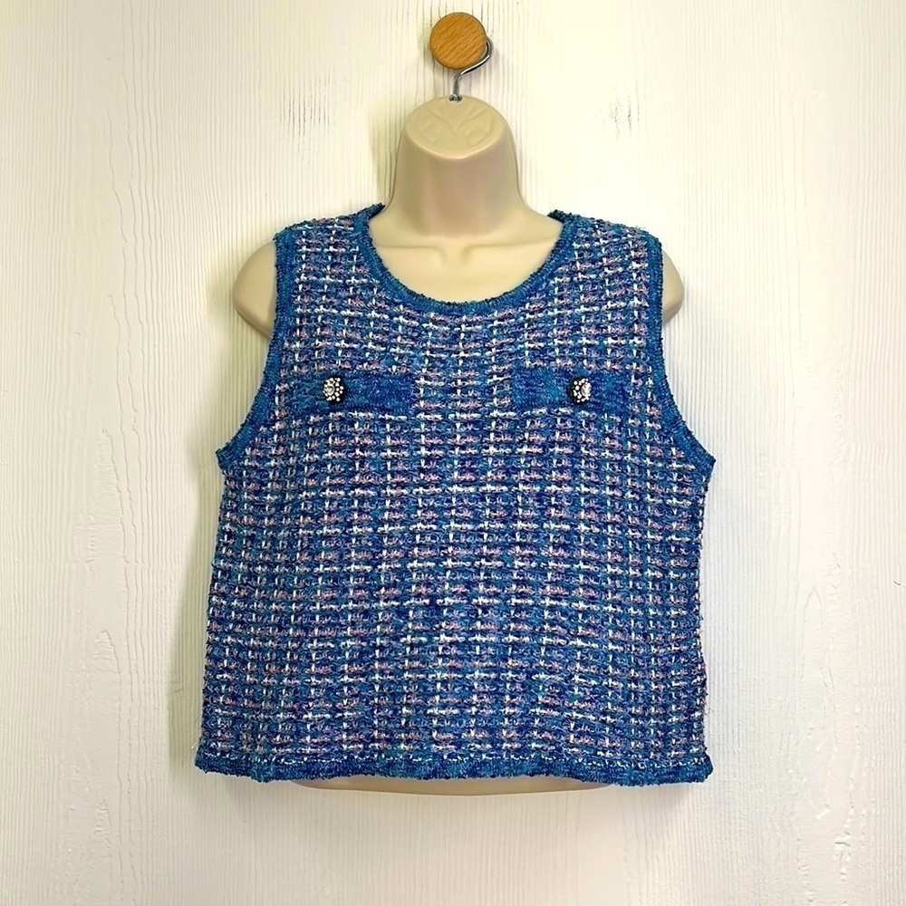 Zara - Tweed Pink And Blue Metallic Rhinestone Buttons Sleeveless Sweater M